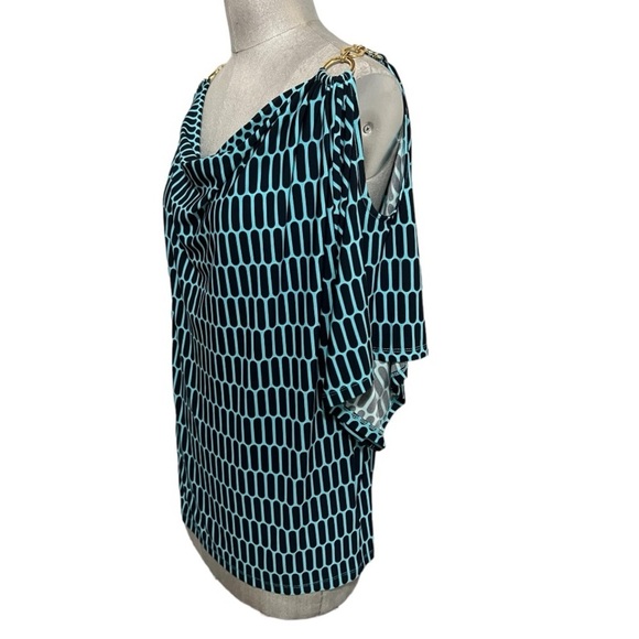 Michael Michael Kors Blue & Black Cold Shoulder With Chain Accent Pullover Top L - Picture 7 of 15